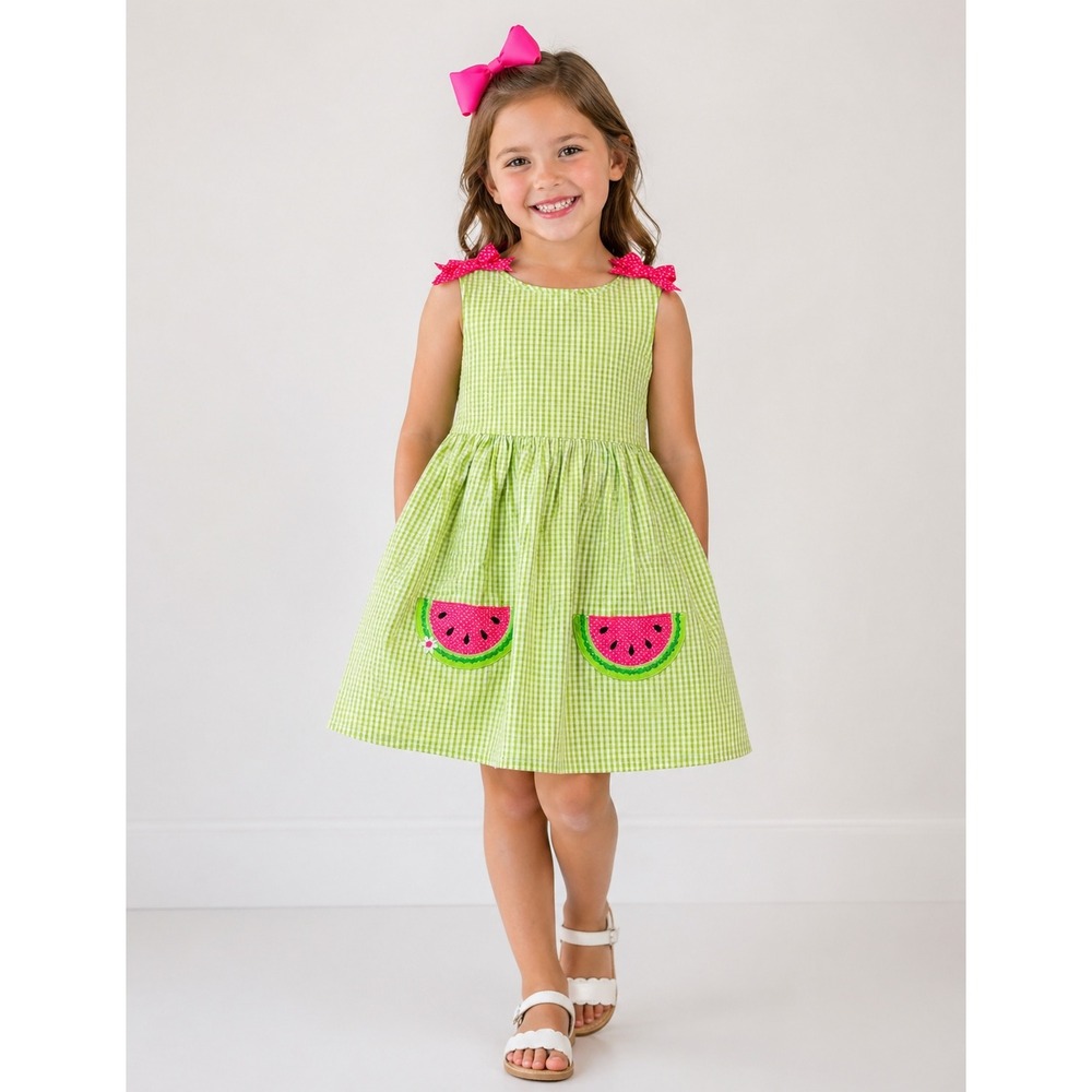 Rare Editions Green Gingham Watermelon Seersucker Dress Size 5 Girls